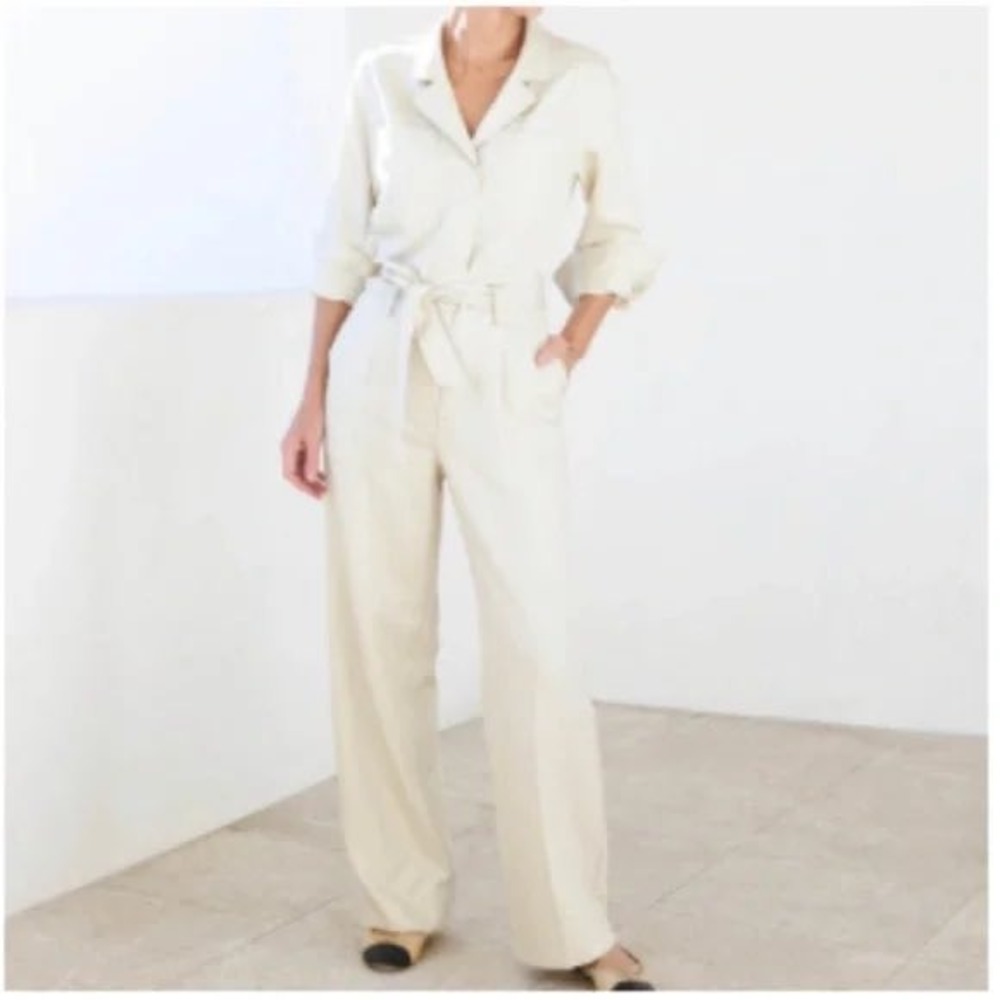 AYR Women's The Neo Jumpsuit Long‎ Sleeve Cream Utility Belted Wide Leg- Size XS